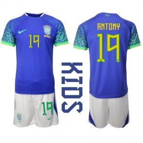 Brasilien Antony #19 kläder Barn VM 2022 Bortatröja Kortärmad (+ korta byxor)